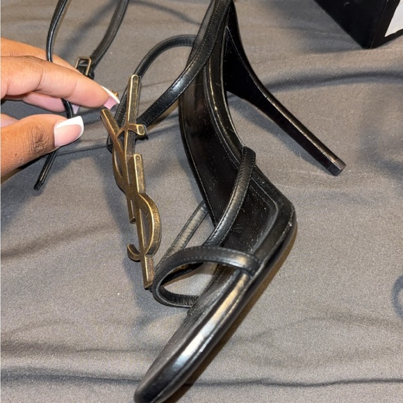 Saint Laurent Black Strappy Heels with Gold Accents - Picture 3 of 7